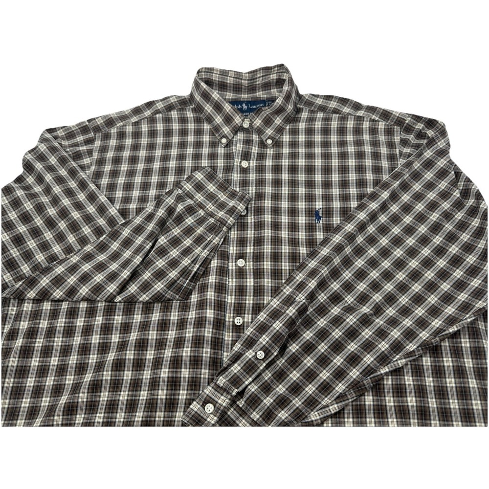 Men's Ralph Lauren Button Up Classic Fit Brown Plaid Long Sleeves Size XL